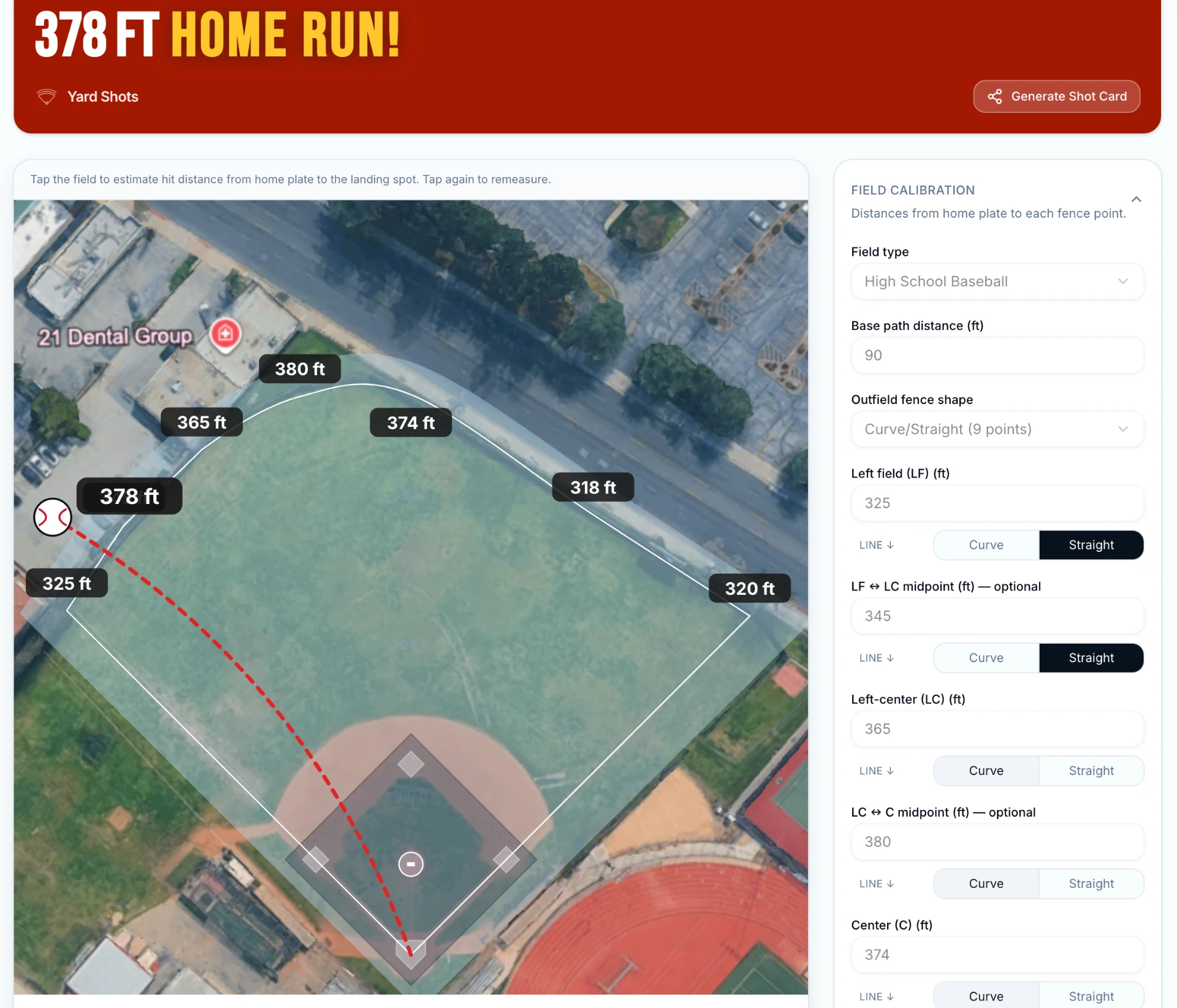 Marking a hit: a tapped landing spot with an arched hit path and estimated distance on a field