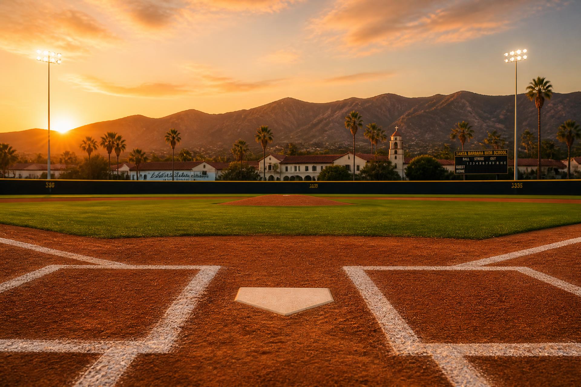 Baseball field at golden hour seen from behind home plate